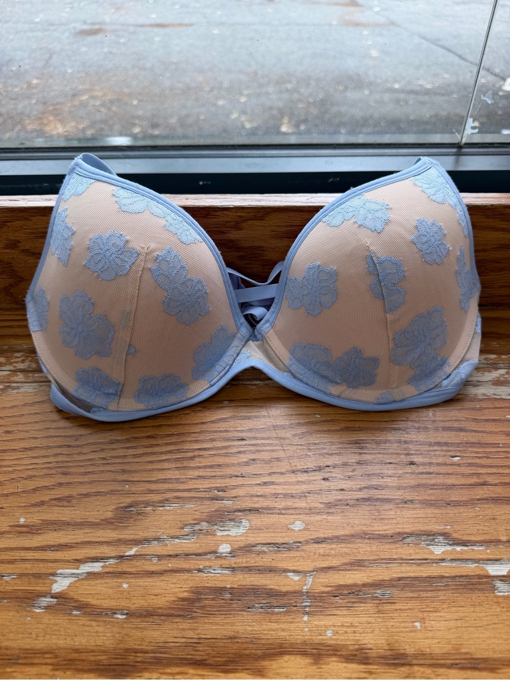 PINK Victoria's Secret Nude Bra with Light Blue Floral Lace